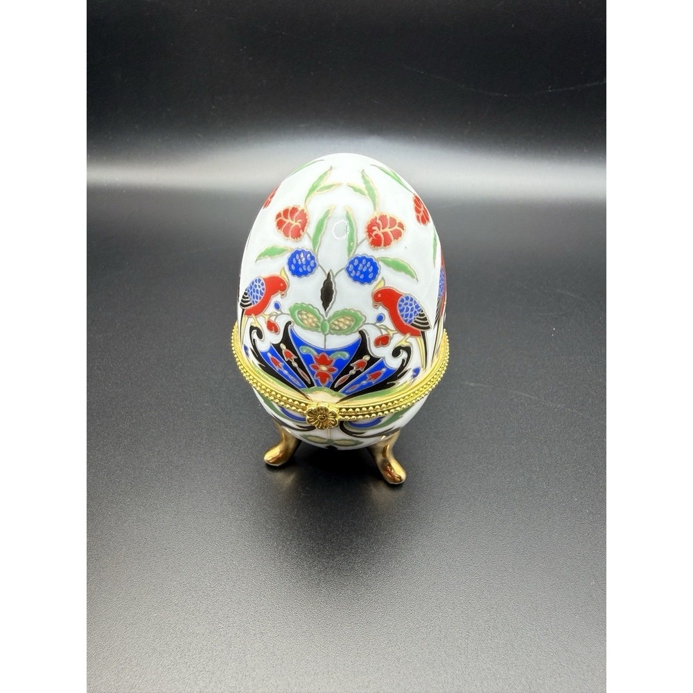 Vintage Porcelain Trinket Box Footed Egg Asian Parrot & Floral, Gold‎ Trim 4"H
